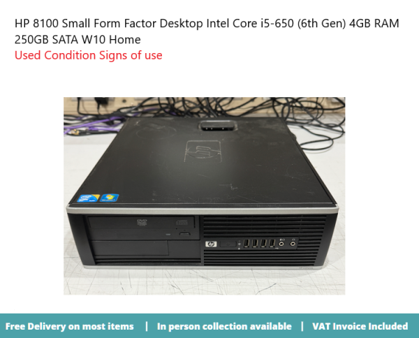 HP 8100 Small Form Factor Desktop Intel Core i5-650 (6th Gen) 4GB RAM 250GB SATA W10H