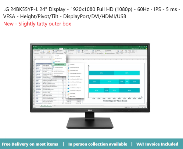 LG 24BK55YP-I 24" Display 1920x1080 60Hz IPS 5ms DisplayPort/DVI/HDMI/USB