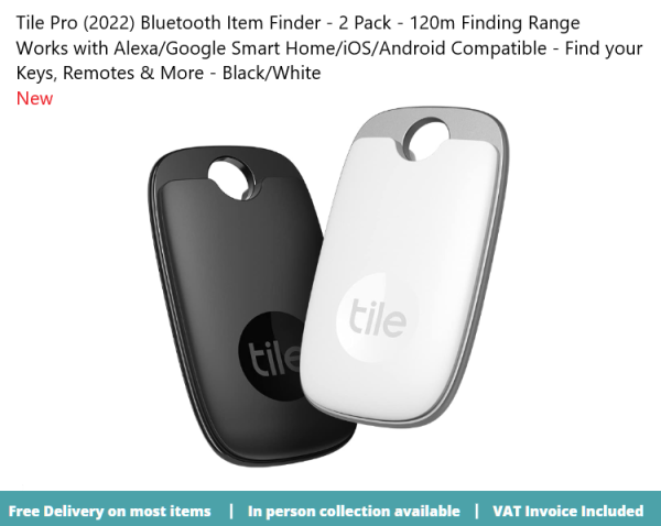 Tile Pro (2022) Bluetooth Item Finder - 2 Pack - 120m Finding Range - Black/White