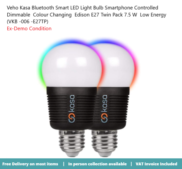 VEHO Kasa Smart Light Bulb Edison Screw E27 LED Twin Pack Low Energy