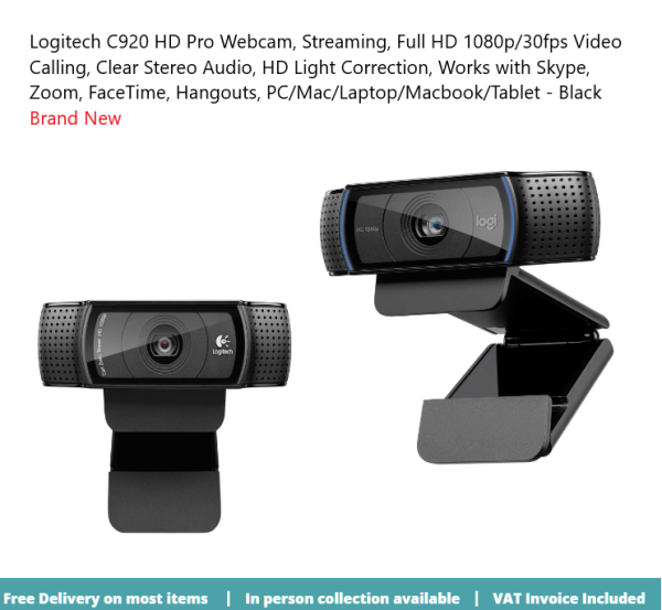 Logitech C920 HD Pro Webcam, Streaming, Full HD 1080p/30fps